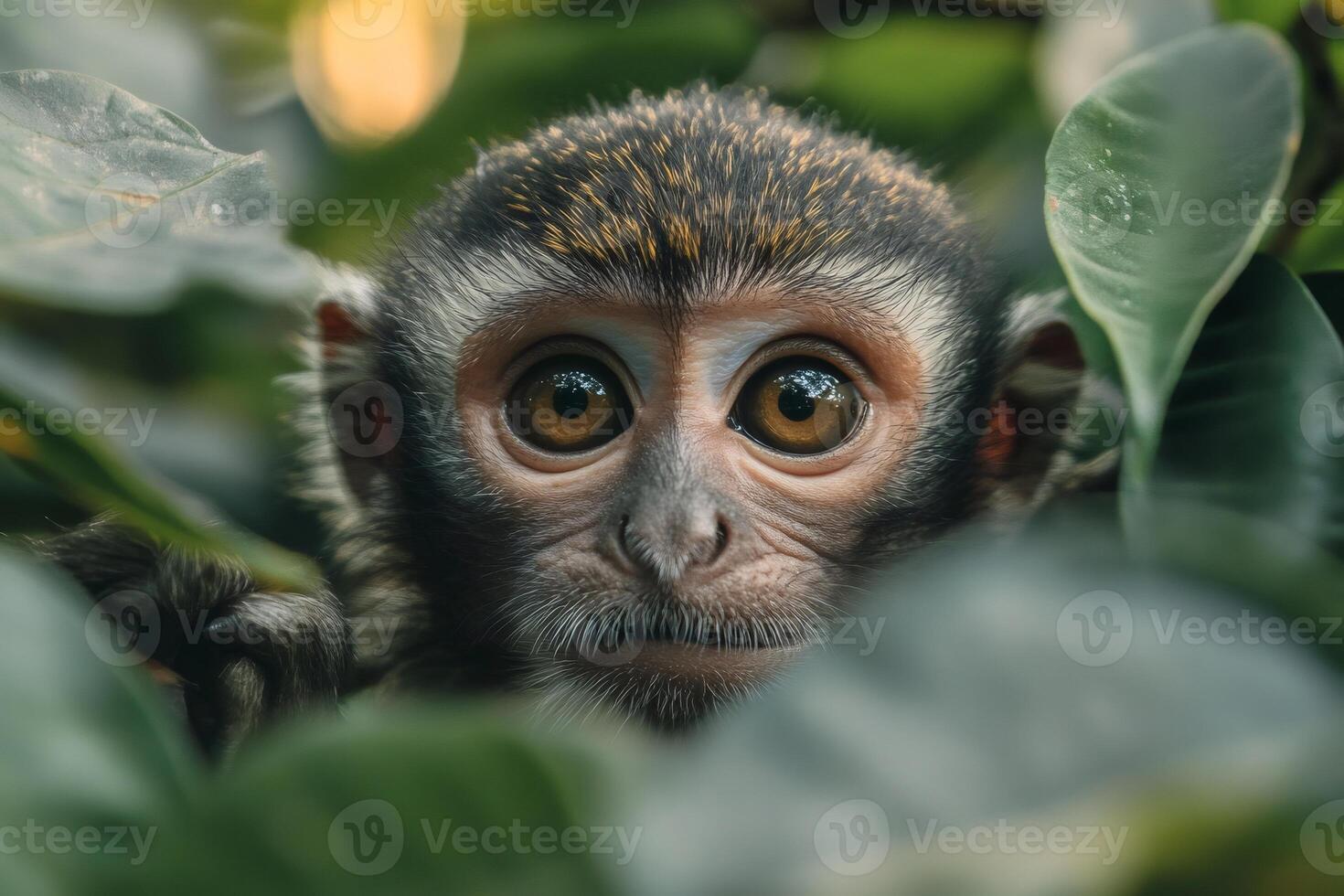 Baby monkey hiding in the jungle is observing with its beautiful eyes photo