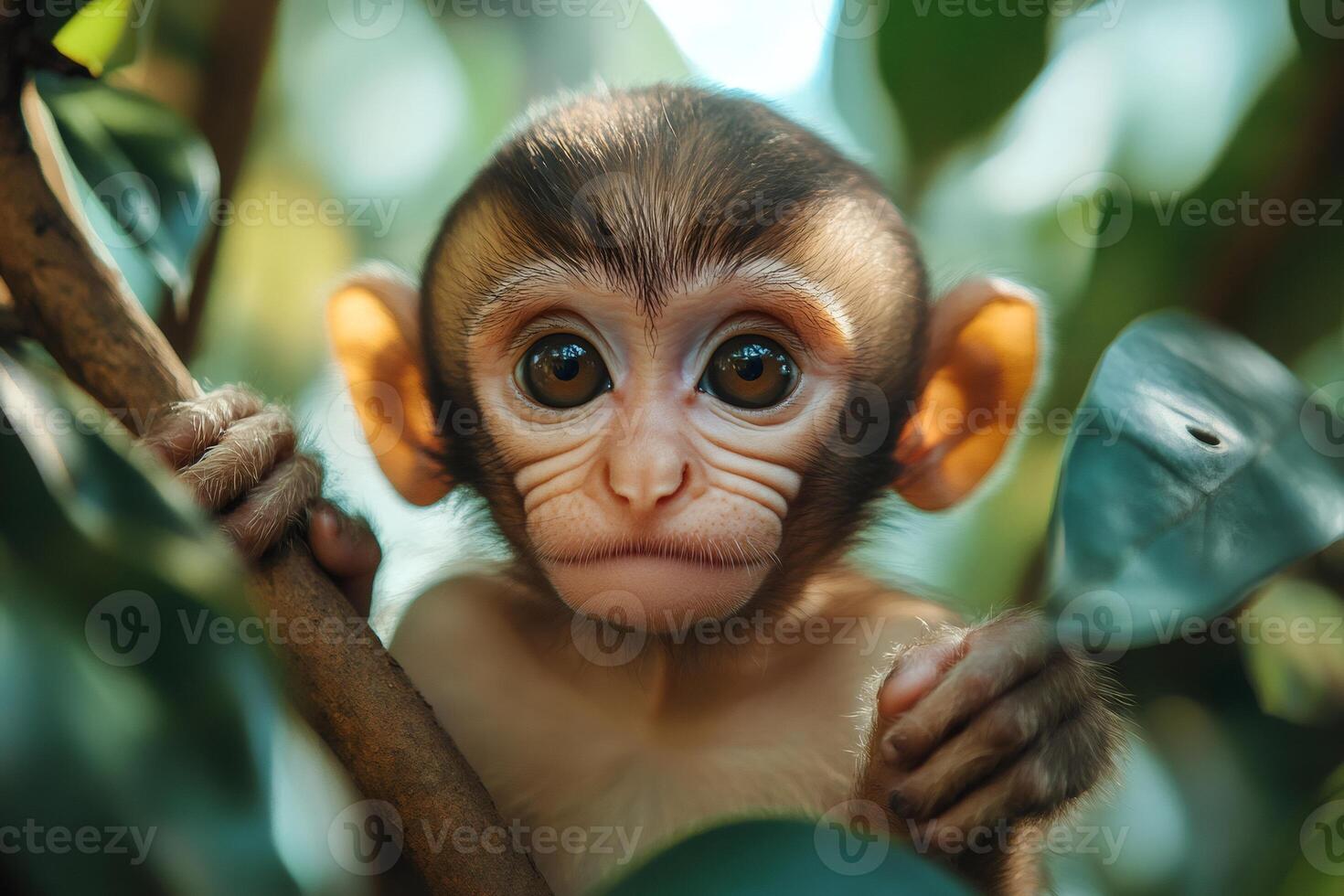 Baby monkey holding a branch and looking around in the jungle photo