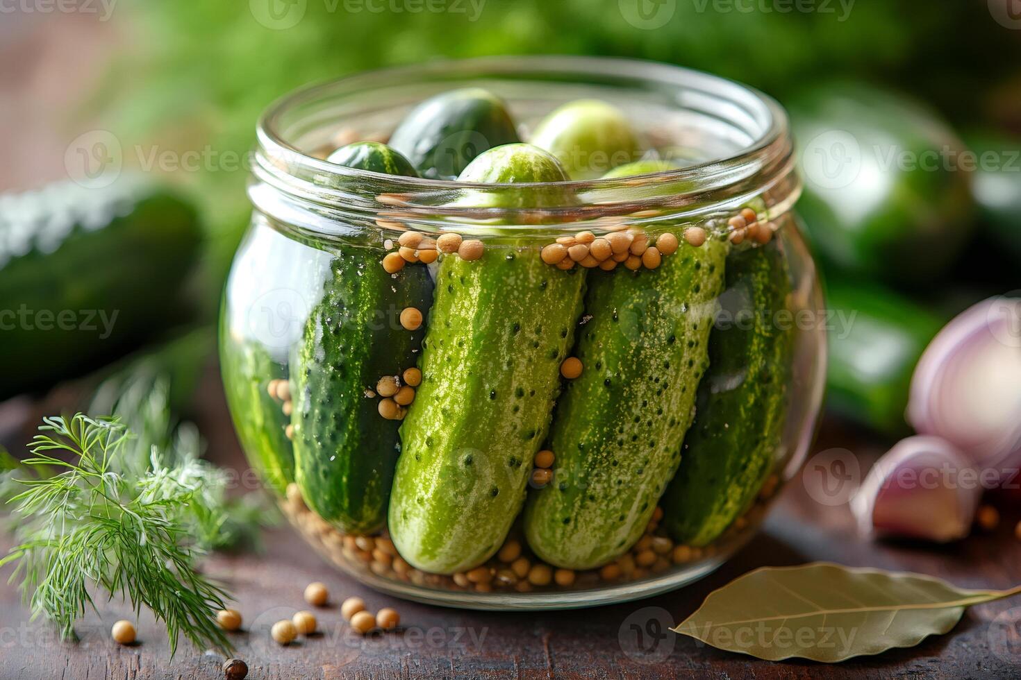 Glass jar full of pickled cucumbers and mustard seeds preserving food for winter photo