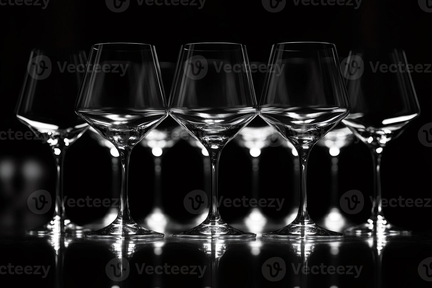 Row of empty wine glasses reflecting light on dark background photo