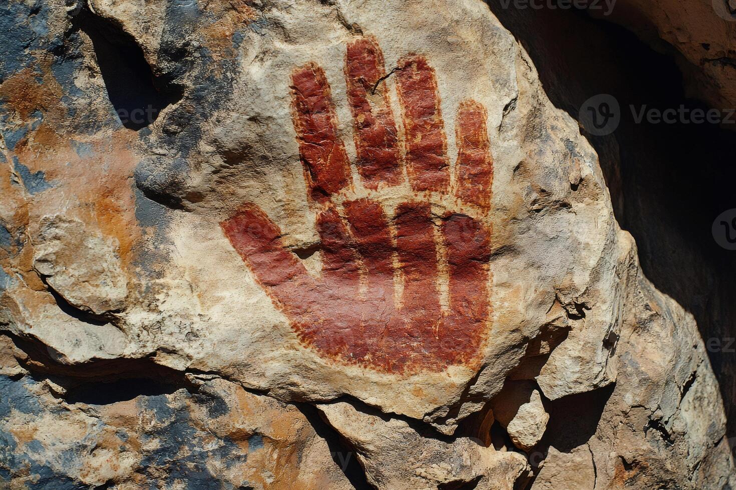 Ancient red hand painted on rock surface representing prehistoric art photo