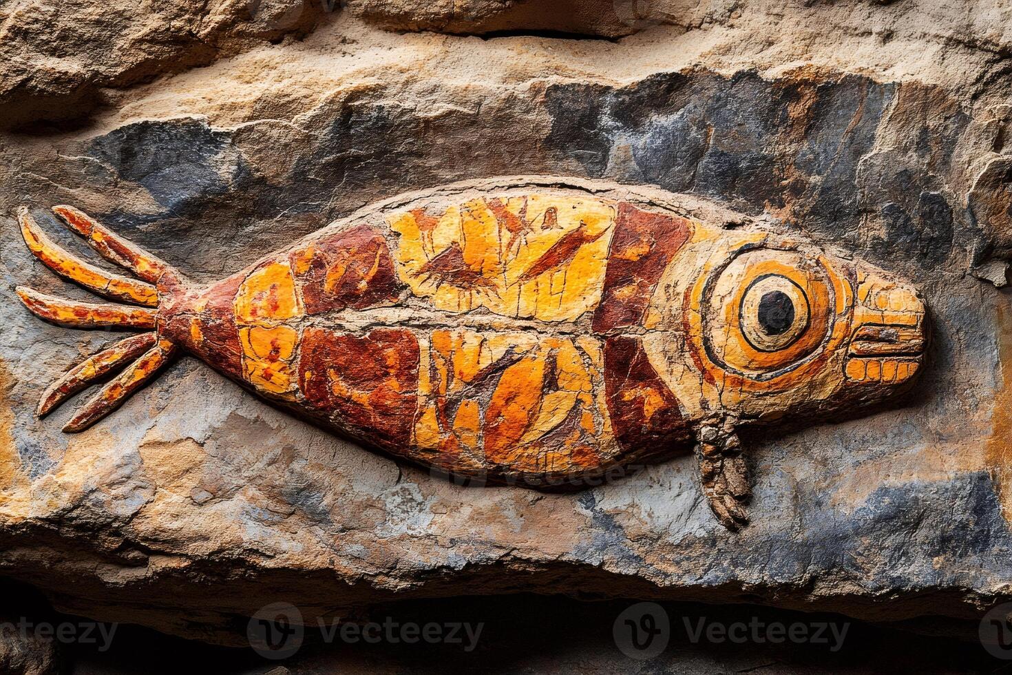 Colorful fish painting representing prehistoric rock art from the Atacama Desert, Chile photo