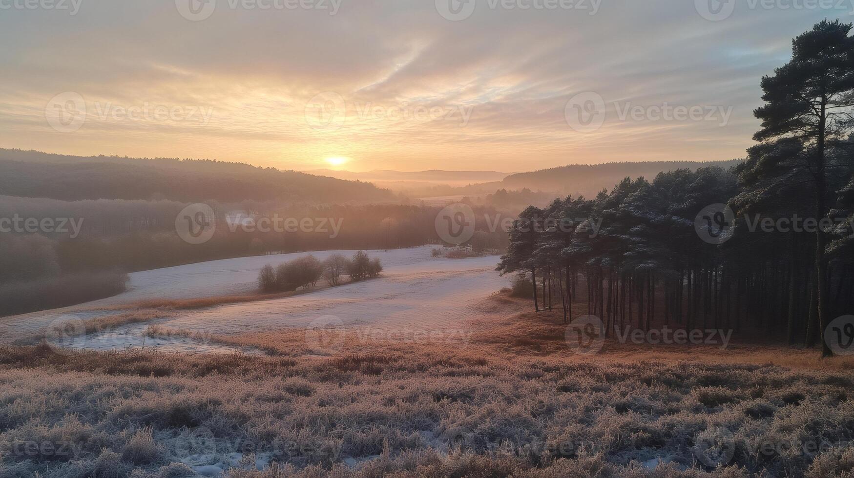 Stunning winter sunrise illuminating frosty fields and pine trees forest photo