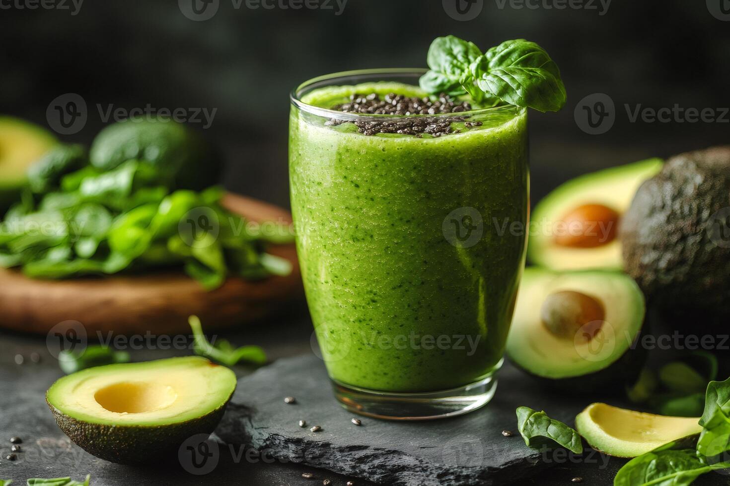Glass of healthy green smoothie with avocado and chia seeds decorated with basil leaf photo