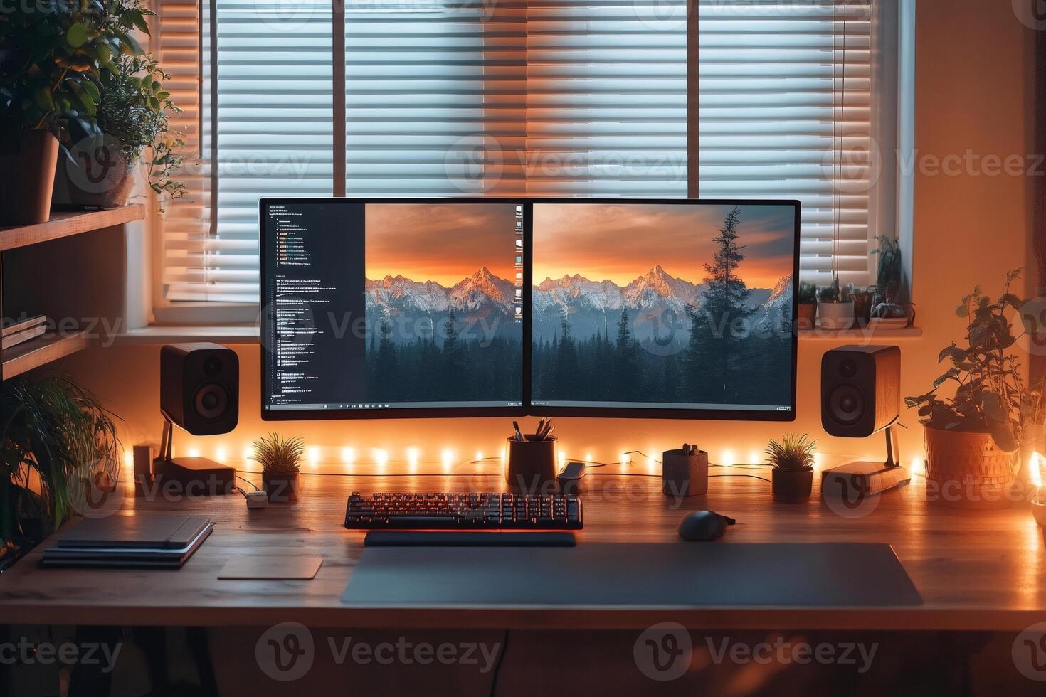 Modern home office setup featuring dual monitors displaying code and mountain landscape photo