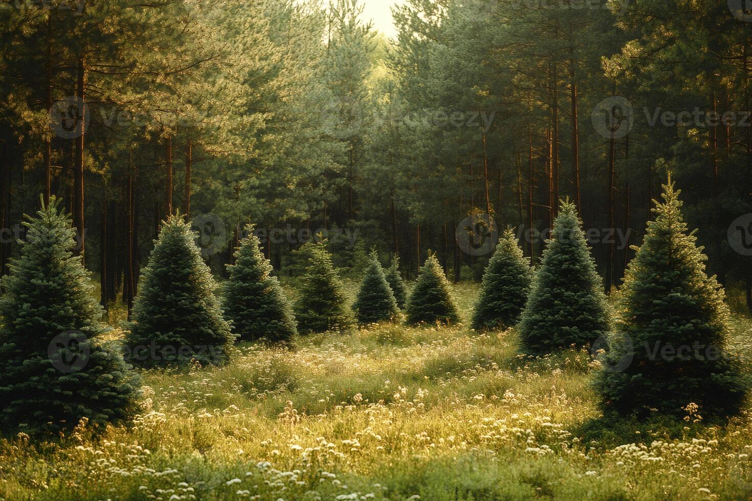 Young fir trees growing in a clearing in the forest at sunset photo
