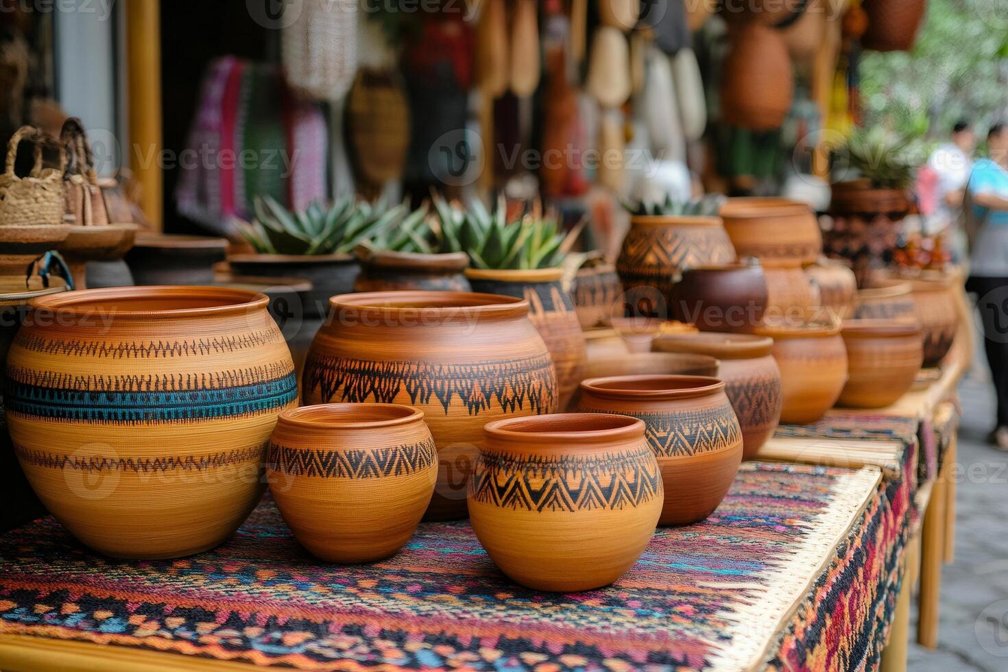 Vendor selling handcrafted decorated pottery at a local market photo