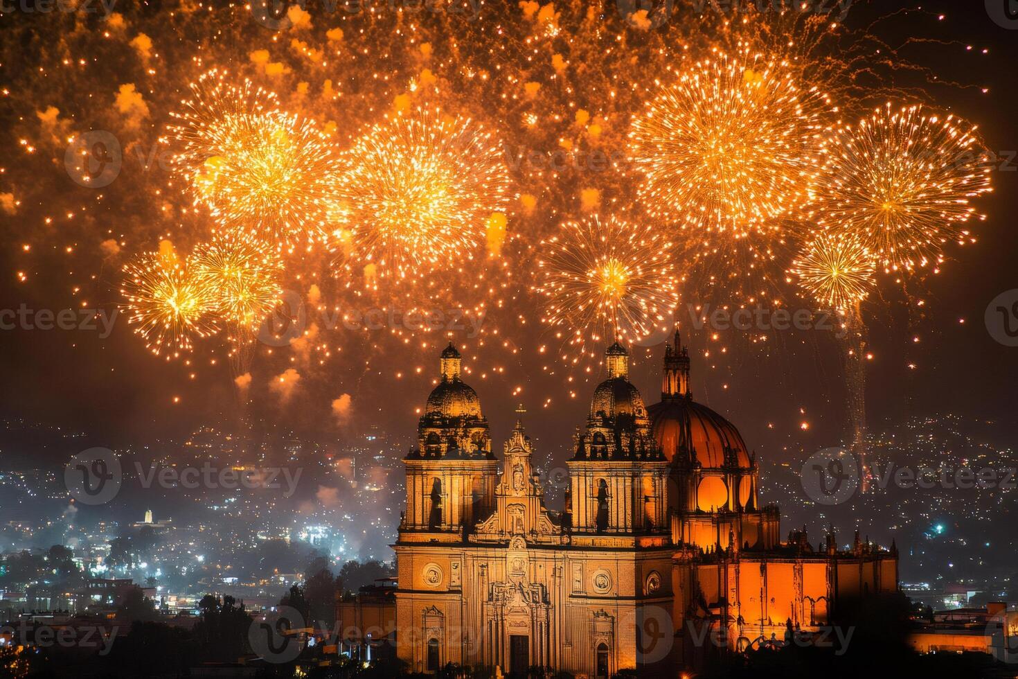 Fireworks exploding over Puebla Cathedral at night photo