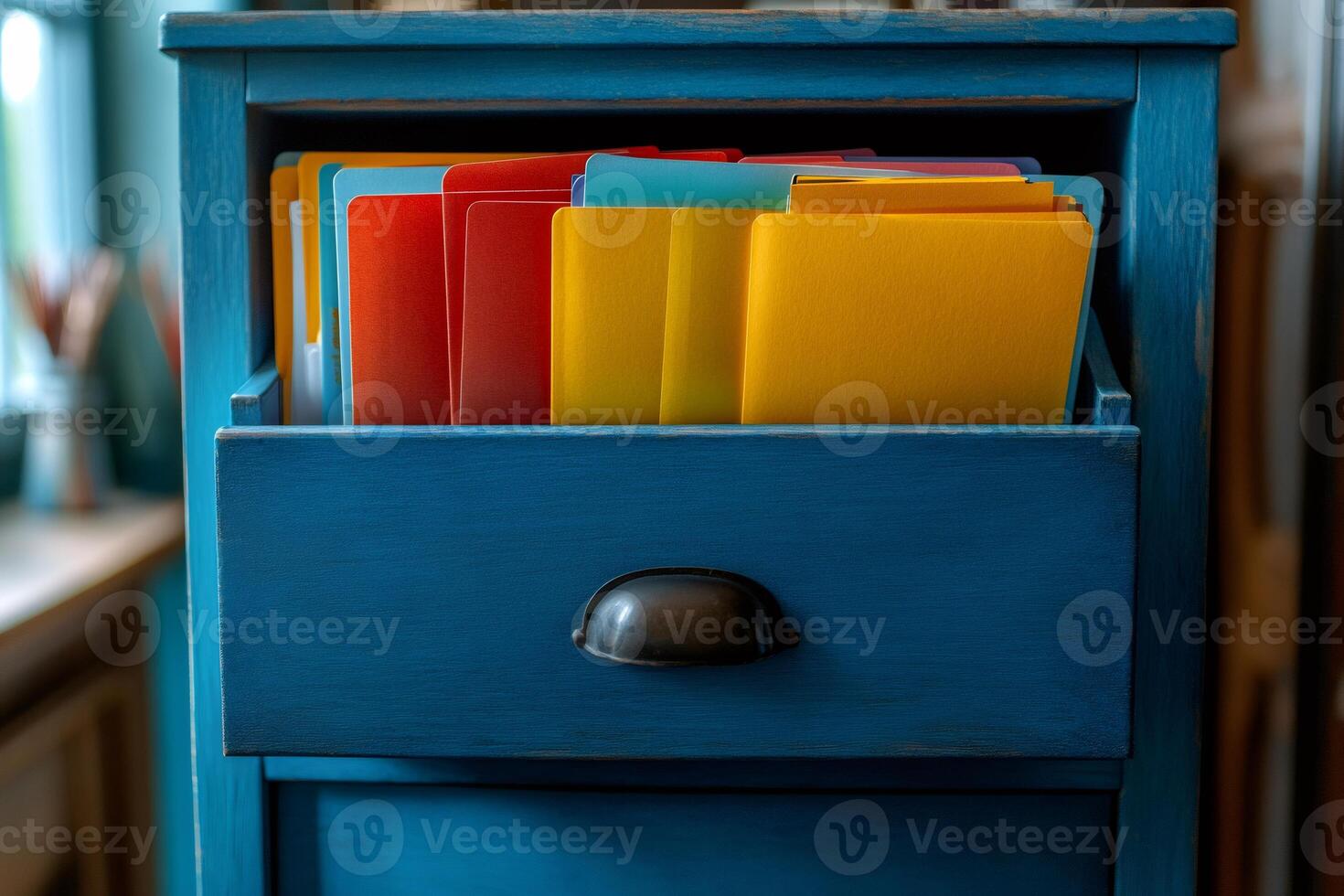 Open drawer of blue wooden cabinet revealing colorful files, organizing documents photo