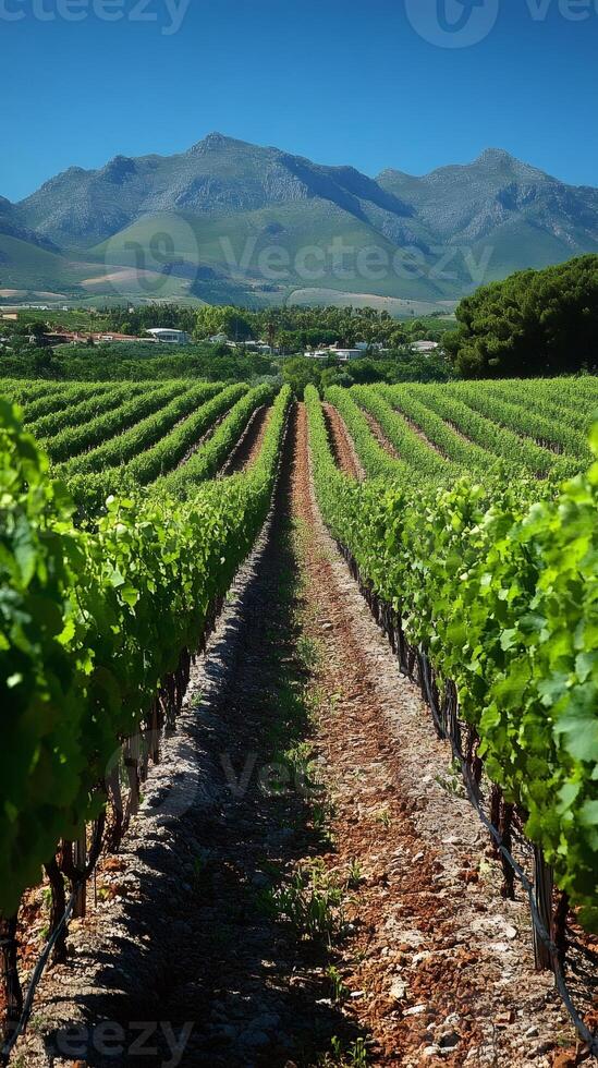 Lush vineyard rows stretching towards majestic mountains under clear blue sky photo
