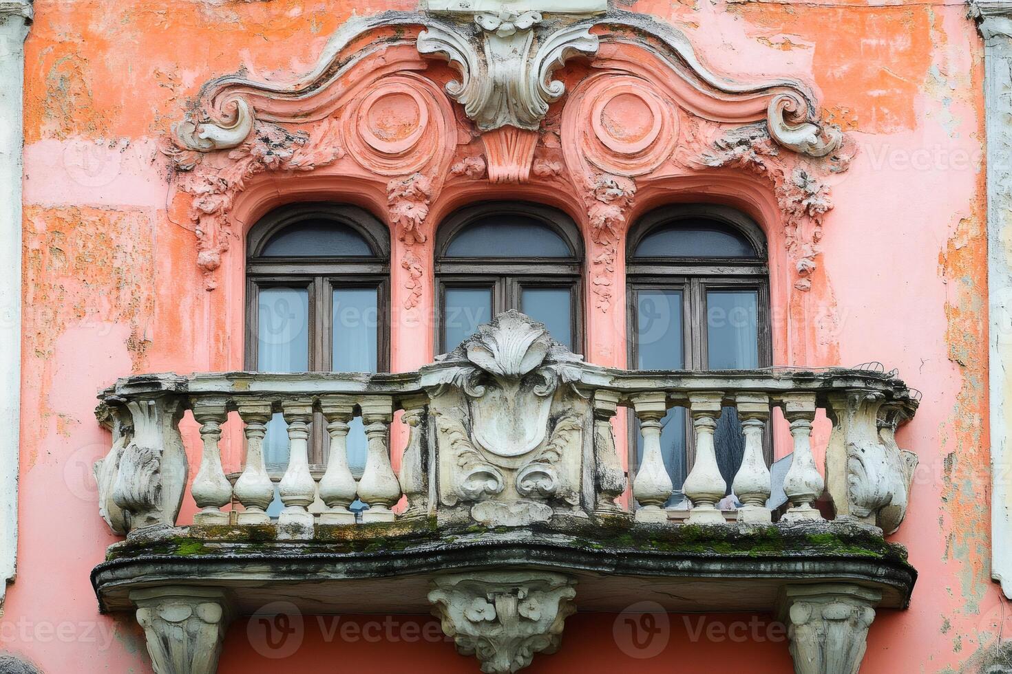 Weathered balcony with balusters and windows showing rococo style architecture photo