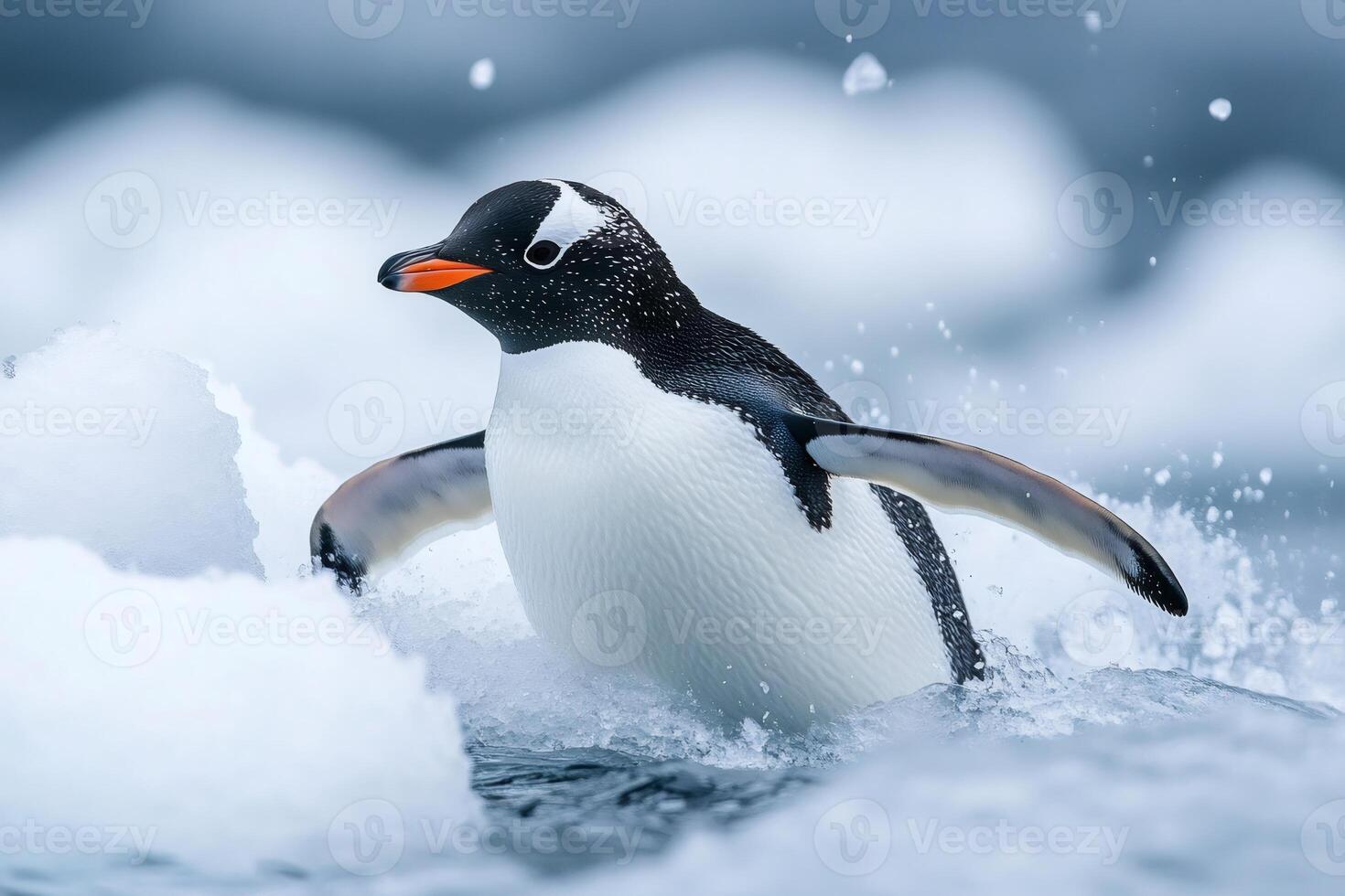 Gentoo penguin jumping out of the water between ice floes in Antarctica photo