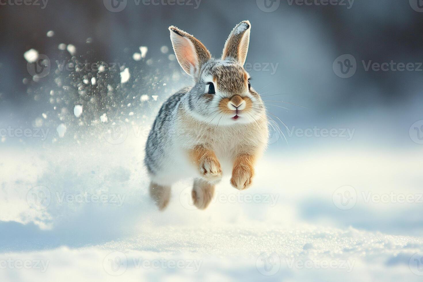Wild rabbit jumping on snow in winter photo