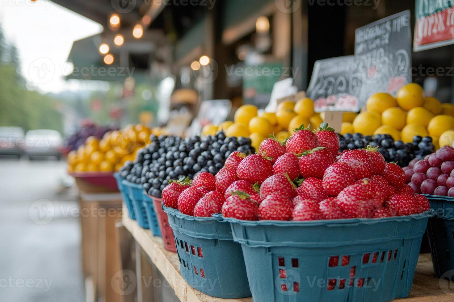 Fresh strawberries, blueberries, grapes and lemons displayed in baskets at a farmers market photo