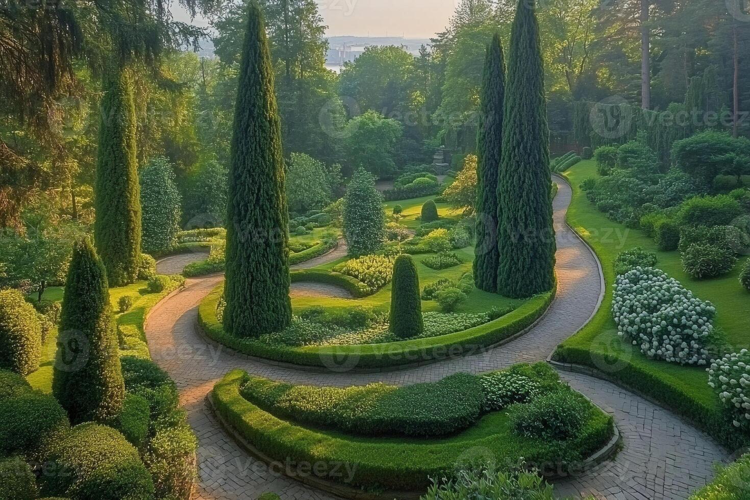 Lush green topiary garden with winding pathway bathed in golden sunlight photo
