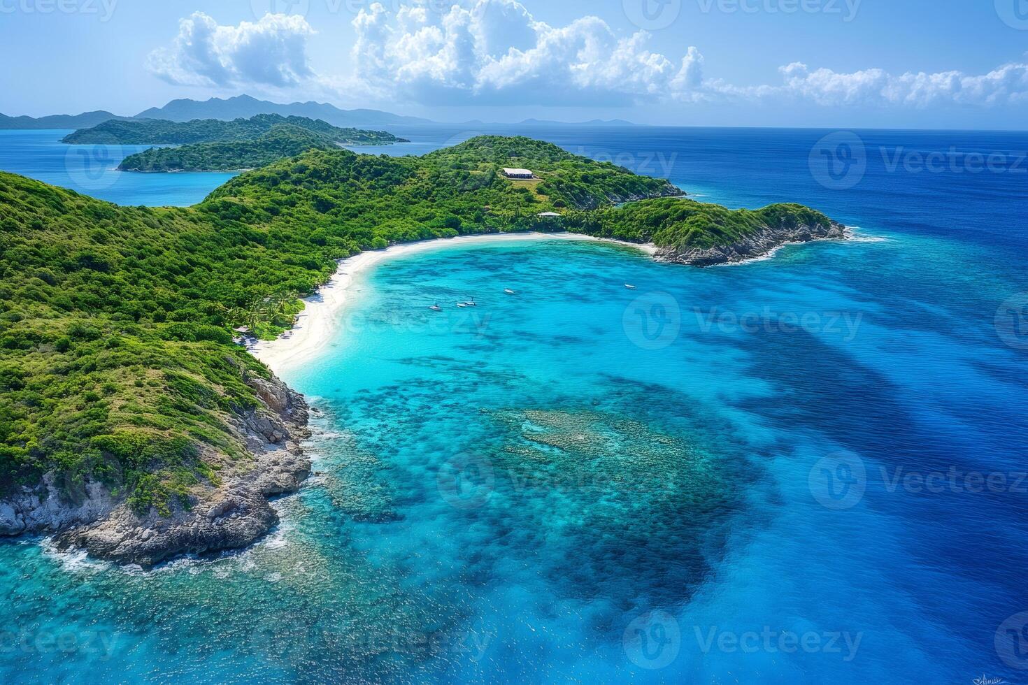 Aerial view of tropical beach, turquoise water and coral reef in the Caribbean photo