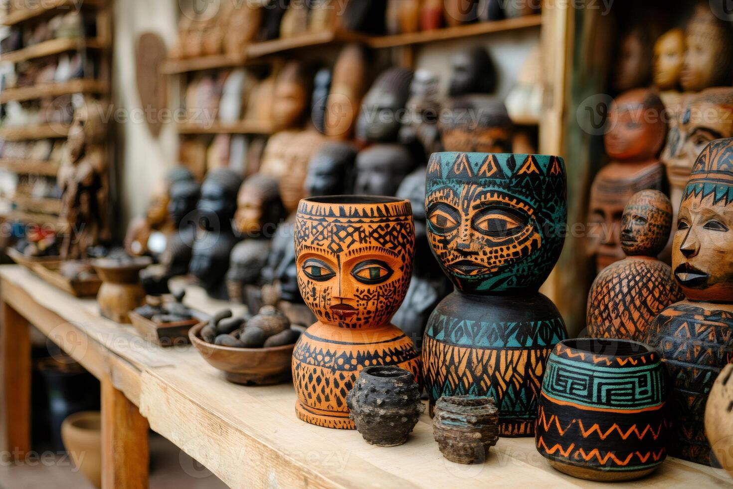 Colorful handmade tribal african wooden masks and vases displayed on a wooden table photo