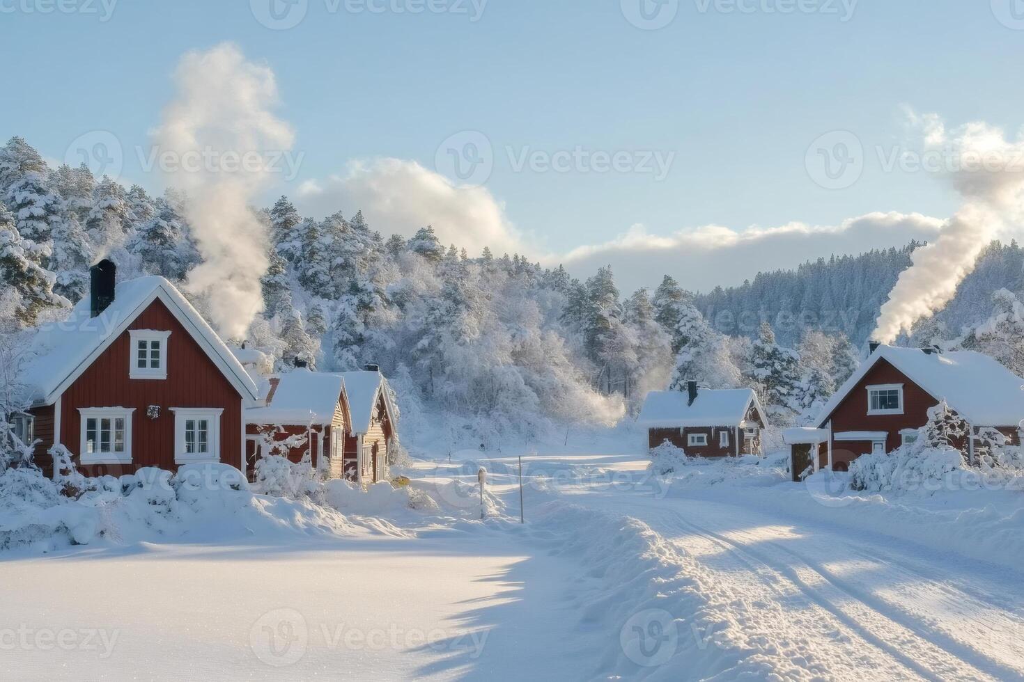 Smoke rising from chimneys of traditional red wooden houses in a snowy winter landscape photo