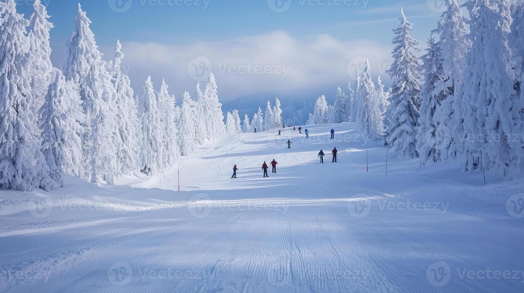 Skiers enjoying a sunny winter day skiing down a snowy slope surrounded by snow-covered trees photo