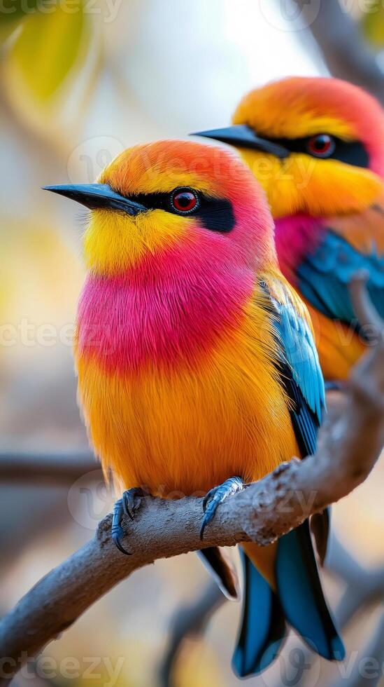 Vibrant Rainbow Birds Perched on Branch photo