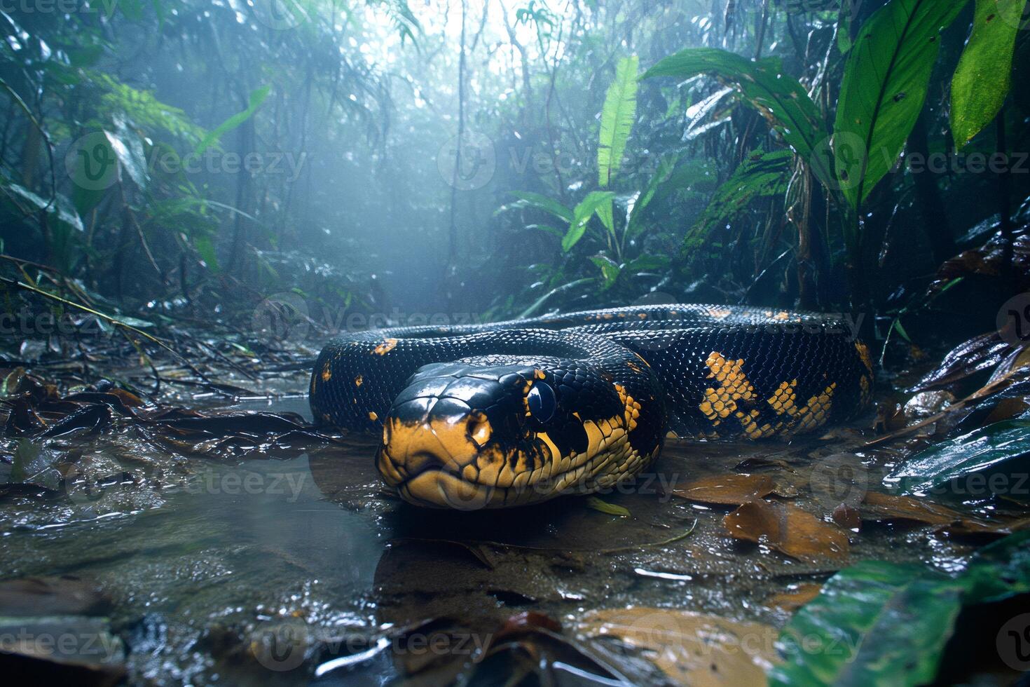 Majestic Paraguayan Anaconda resting in the Amazon Rainforest photo