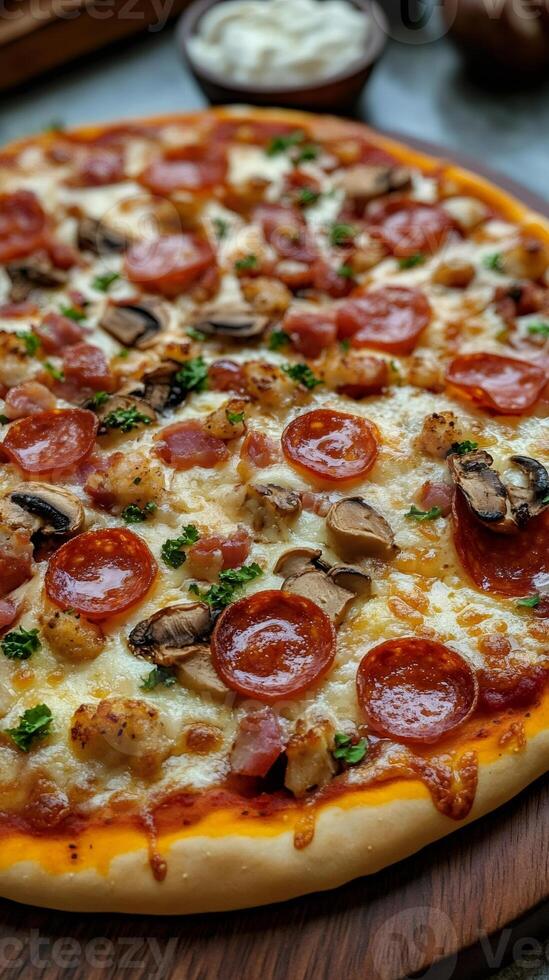 Delicious pizza with pepperoni, mushrooms, chicken and bacon, lying on wooden board photo