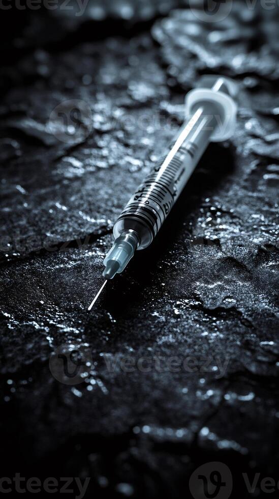 Syringe laying on dark textured surface representing drug addiction issues photo