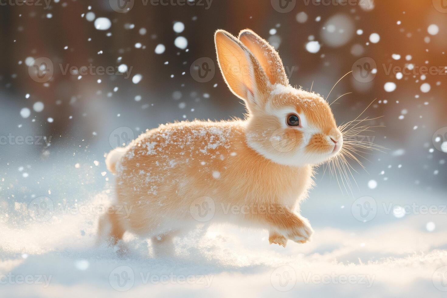 Adorable bunny rabbit running and jumping on snow in winter photo