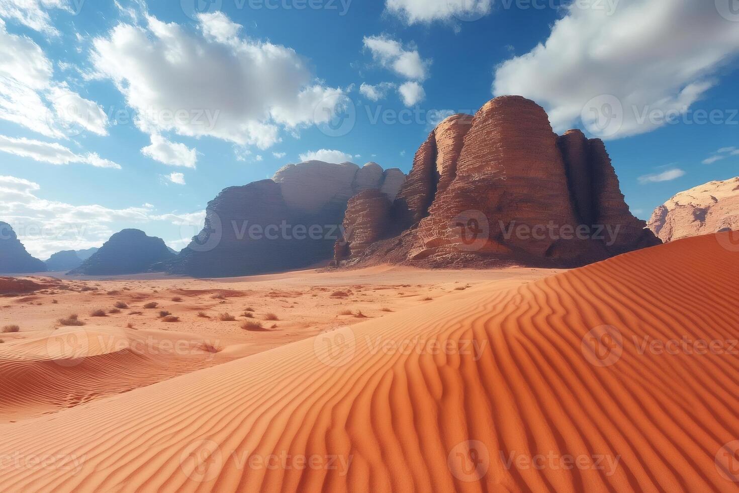 Scenic view of Wadi Rum desert with sandstone mountains and red sand dunes in Jordan photo