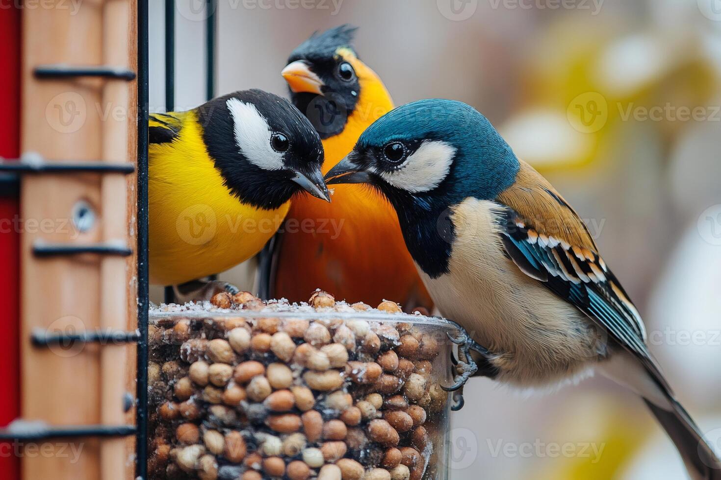 Colorful birds eating seeds from bird feeder in winter photo