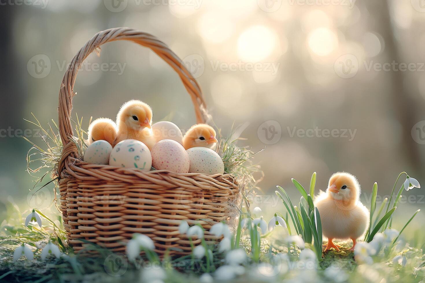 Little chicks sitting in easter basket with colorful eggs and snowdrops surrounding them in spring nature during sunset photo