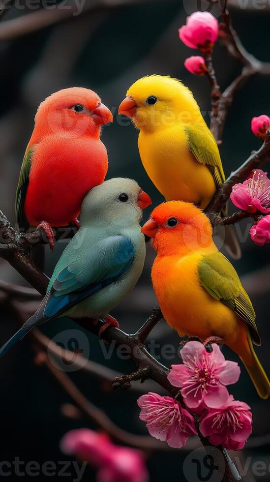 Colorful Birds Perched on Blossoming Branches photo