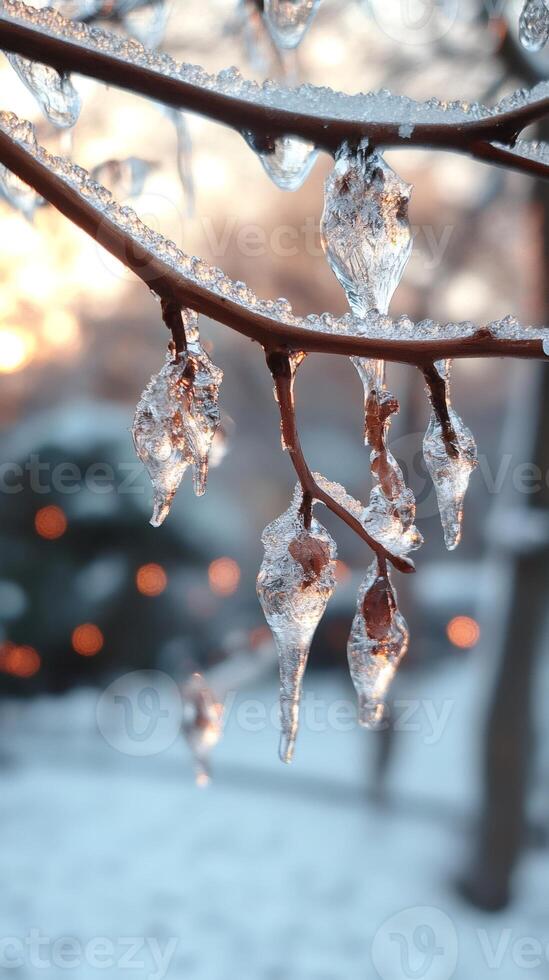 Frozen tree branch covered in ice during sunset in winter photo