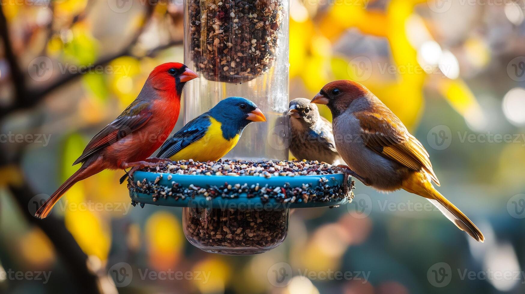Colorful birds eating seeds from bird feeder in autumn photo