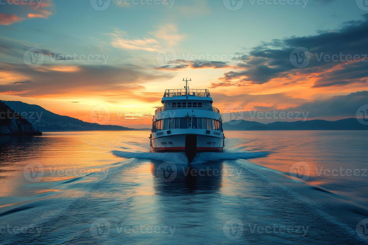 Passenger ferry sailing on the sea at sunset creating a beautiful wake photo