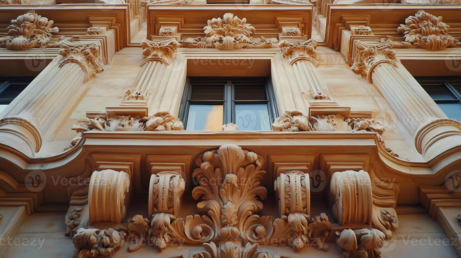 Baroque window with ornate stucco decorations and fluted columns photo
