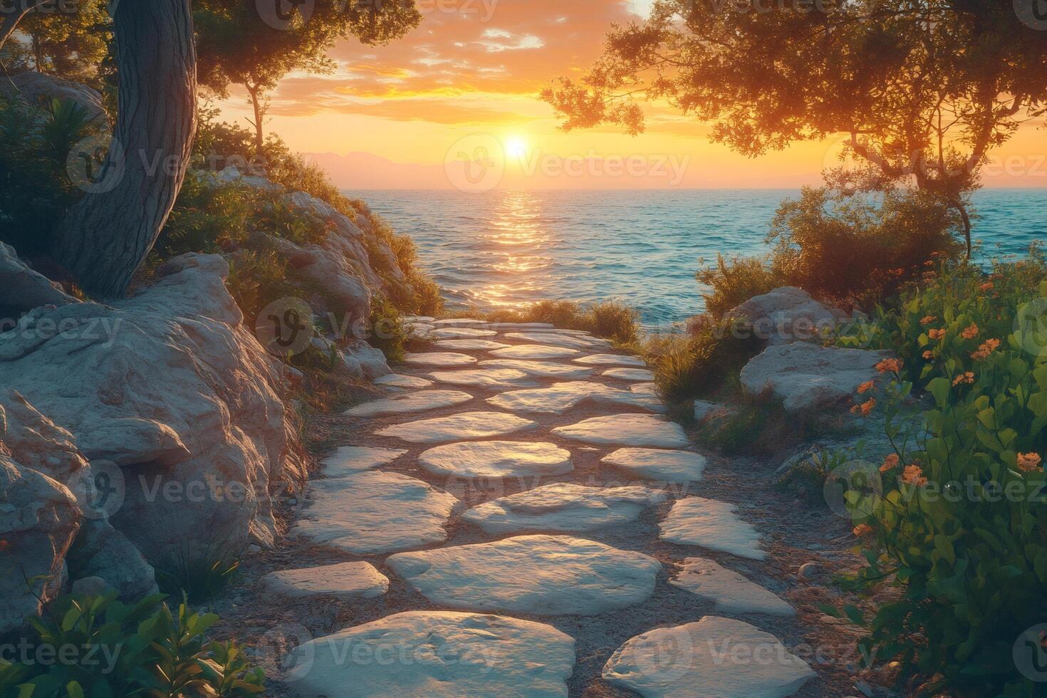 Scenic view of a stone path leading to the sea at sunset photo