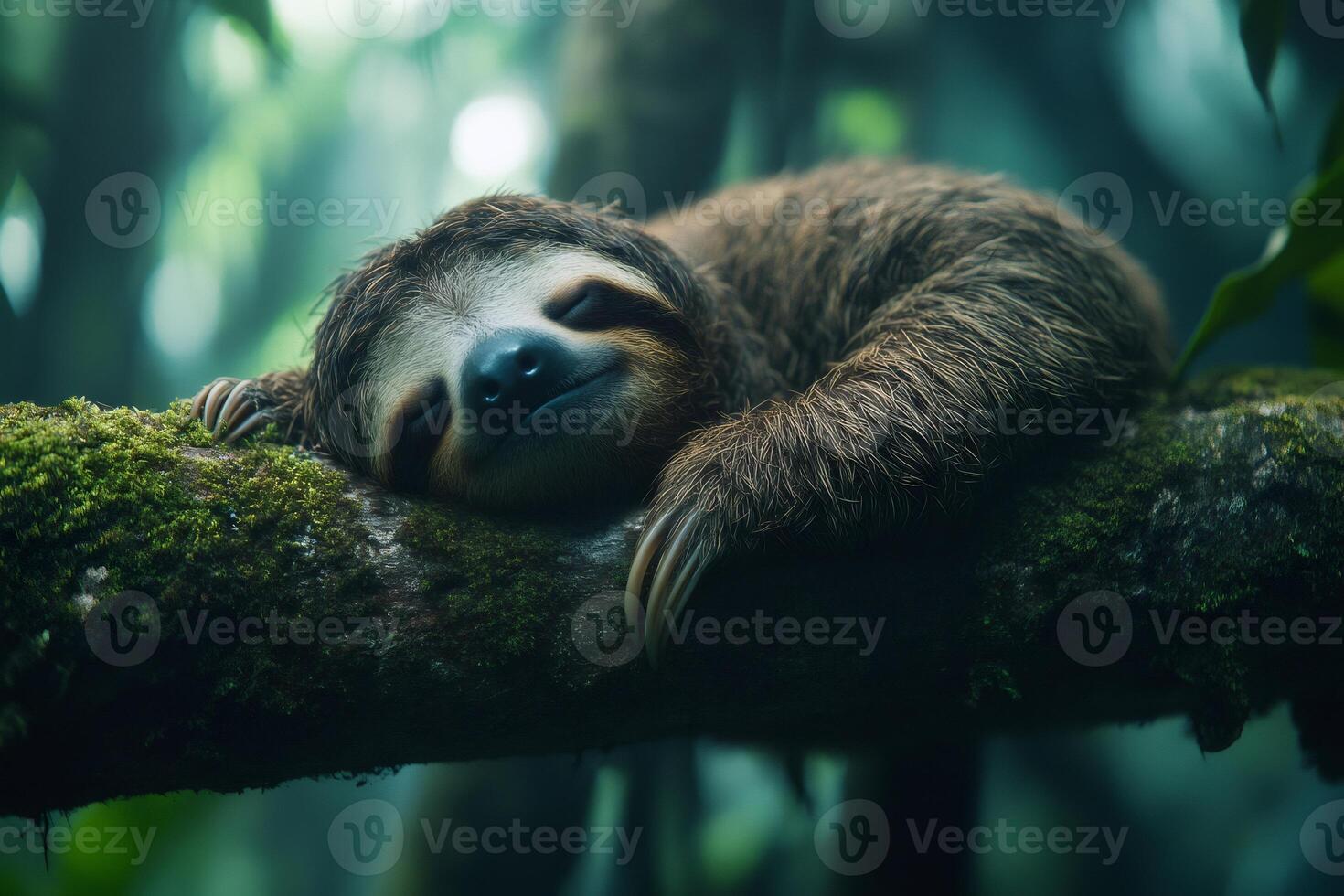 Lovely sleeping sloth hugging mossy branch in rainforest photo