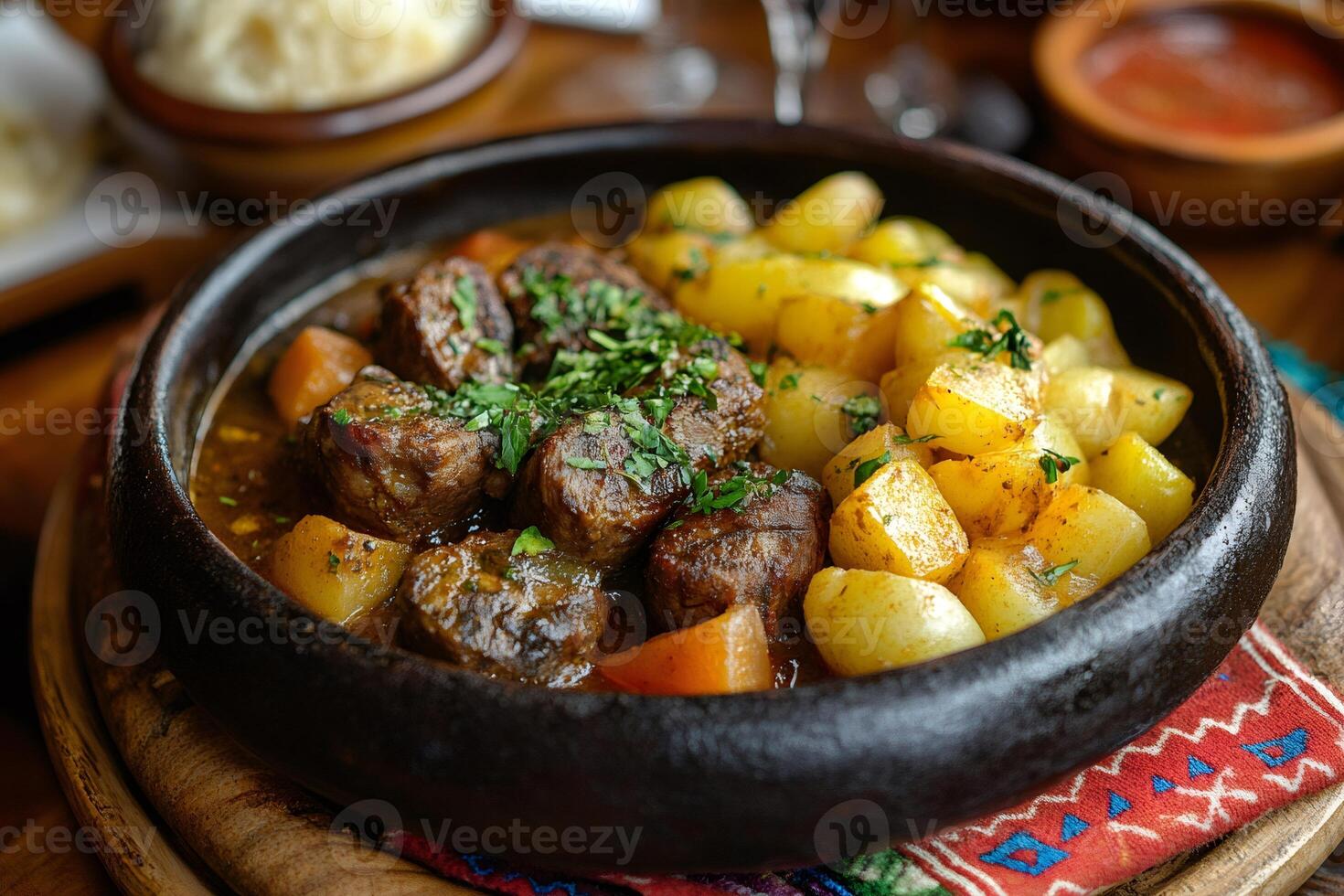 Juicy beef stew with roasted potatoes served in traditional clay pot photo