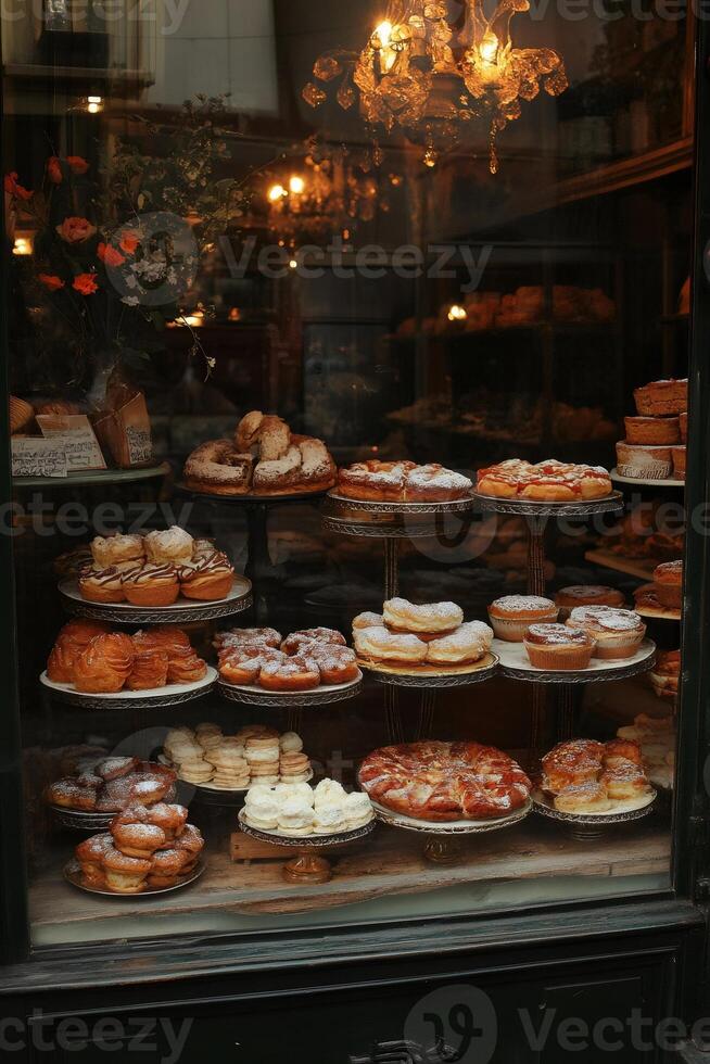 Delicious pastries displayed in a bakery window under a crystal chandelier photo