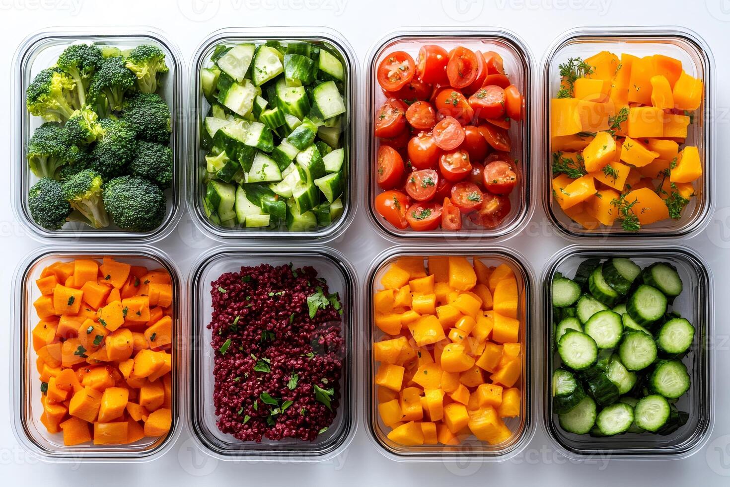 Healthy meal prepping containers filled with various colorful vegetables and grains promoting balanced nutrition photo