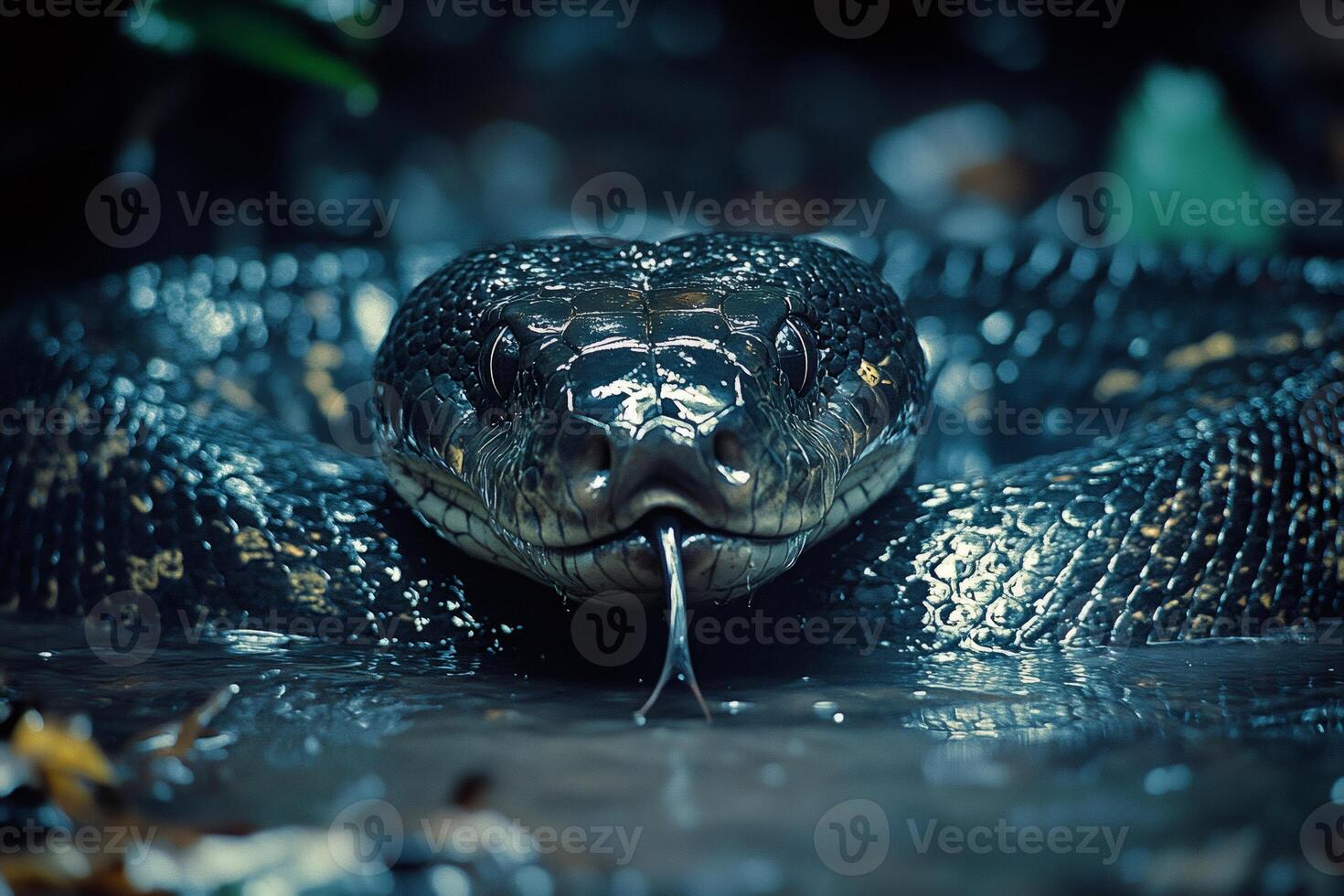 Black snake flicking tongue in swamp photo