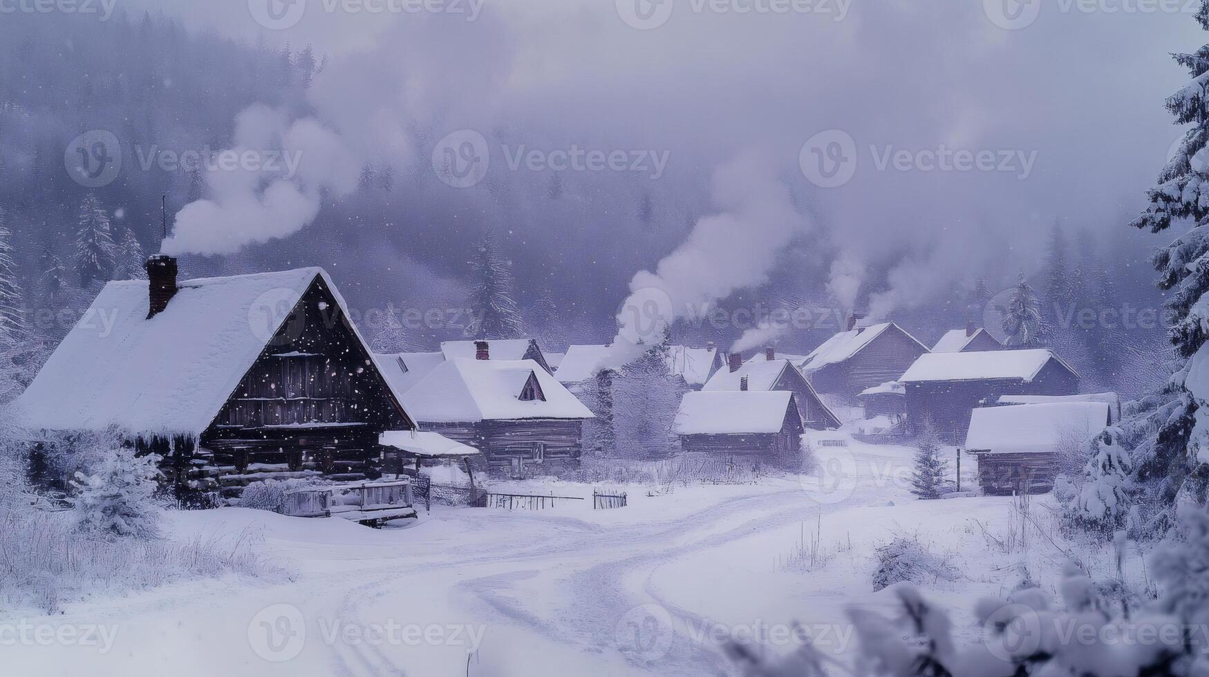 Smoke rising from chimneys of snow covered wooden houses in the mountain village photo