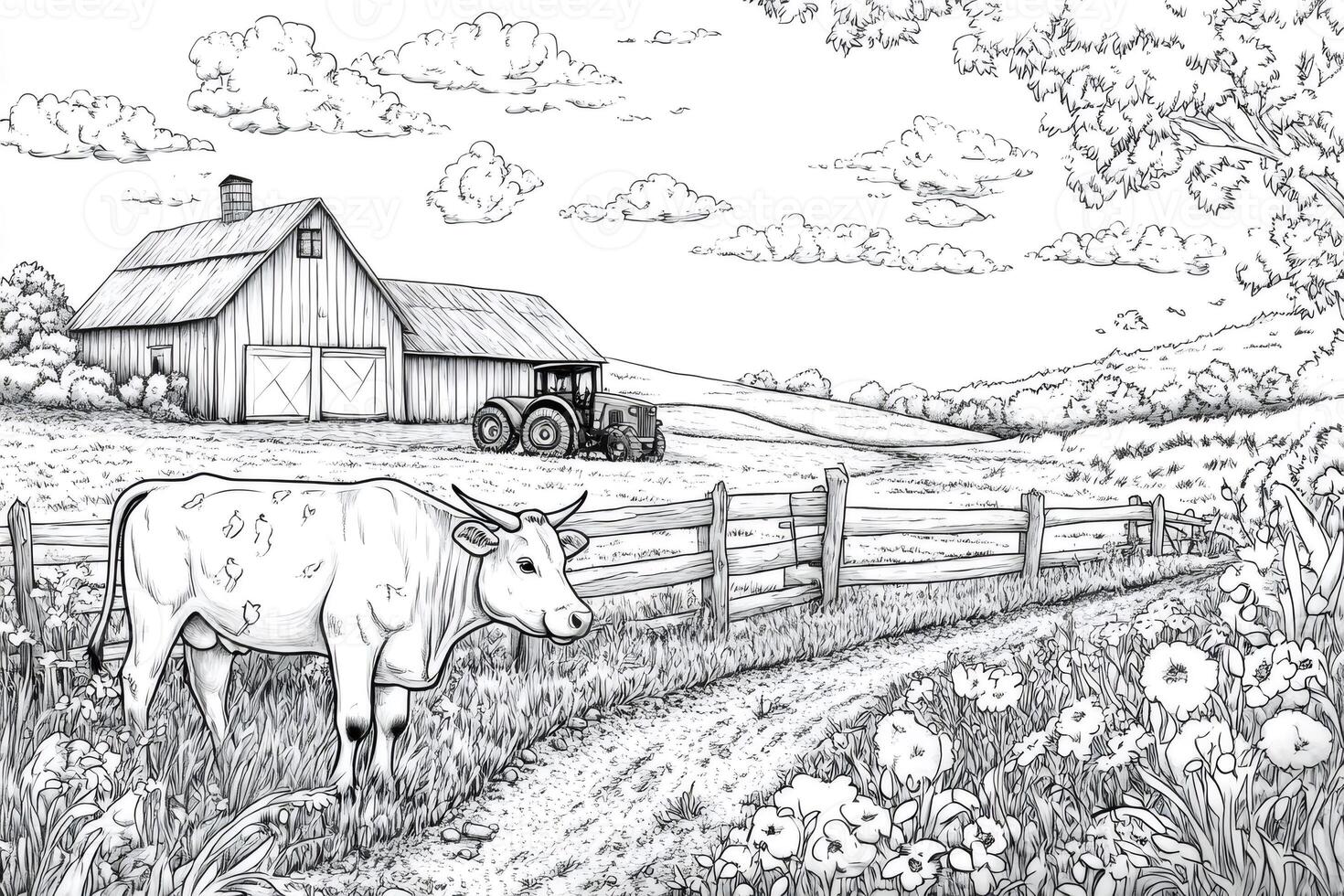Cow grazing in a field near a barn and a tractor in a black and white drawing photo