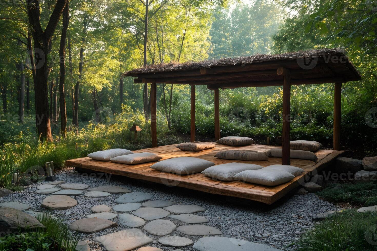 Wooden gazebo providing tranquil space for meditation in serene forest setting photo