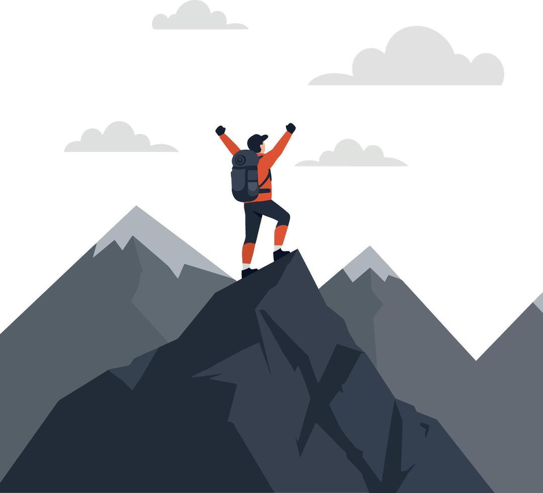 A determined hiker in an orange jacket triumphantly stands atop a rugged mountain peak in flat illustration vector