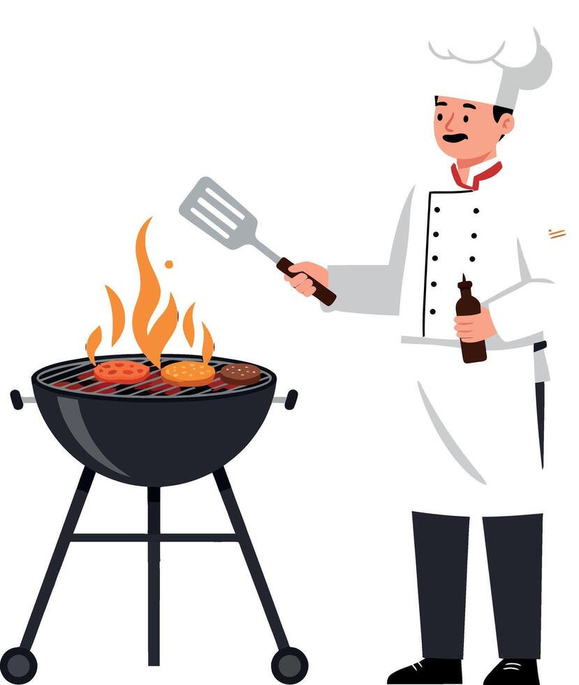 A cheerful chef grilling meat on a barbecue with flames rising, in a flat design illustration showcasing culinary joy and outdoor cooking vector