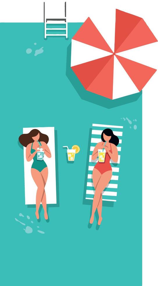 Two women relaxing under a red and white umbrella on sun loungers in a flat design illustration vector