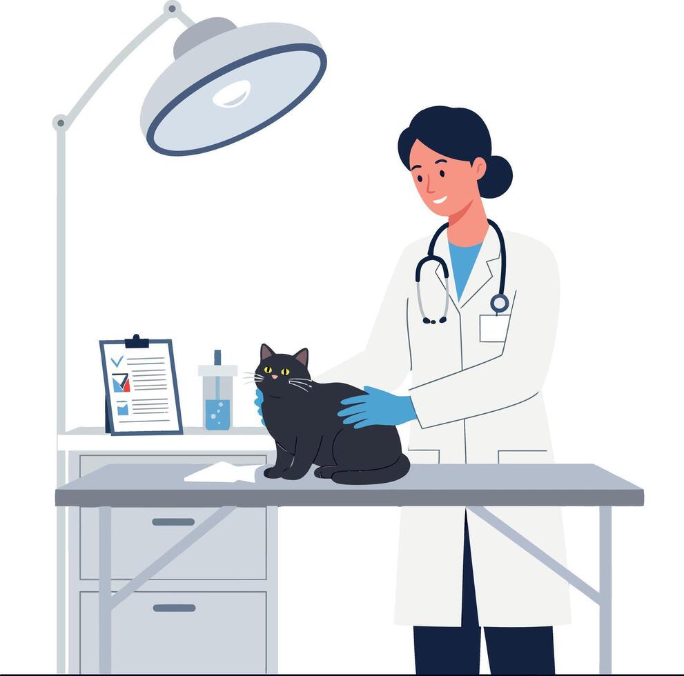 A veterinarian in a white coat gently examines a black cat on a medical table in a bright, flat illustration vector