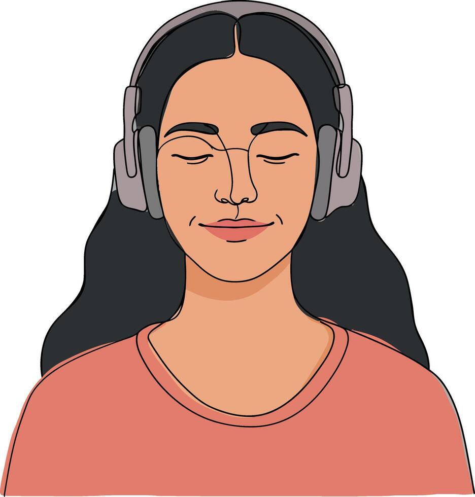 Young woman with long dark hair wearing headphones in a relaxed pose, enjoying music in a flat art style vector